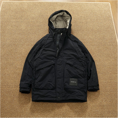 Piumino cargo imbottito in piuma d'anatra di media lunghezza retrò americano nuovo inverno con cappuccio Trench oversize spesso alla moda da uomo