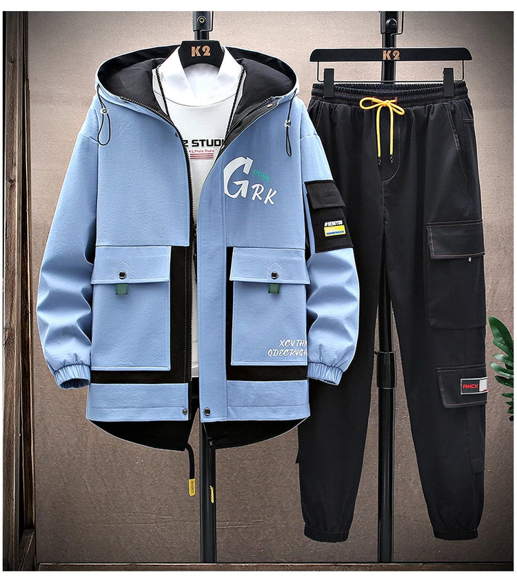 Spring Casual Men Sets Two Pieces Fashion Korean Trend Hooded Jacket + Pants Autumn Baseball Uniform Suit Man Outfit