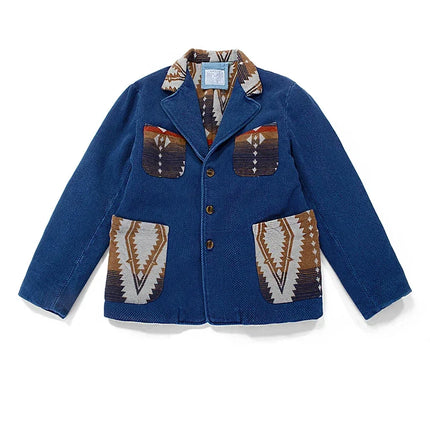 Men's Indigo Multi Pockets Jacket French Retro Blue Dye Lapel Thick Workwear Tooling Cardigan Coat plus Size for Autumn Winter