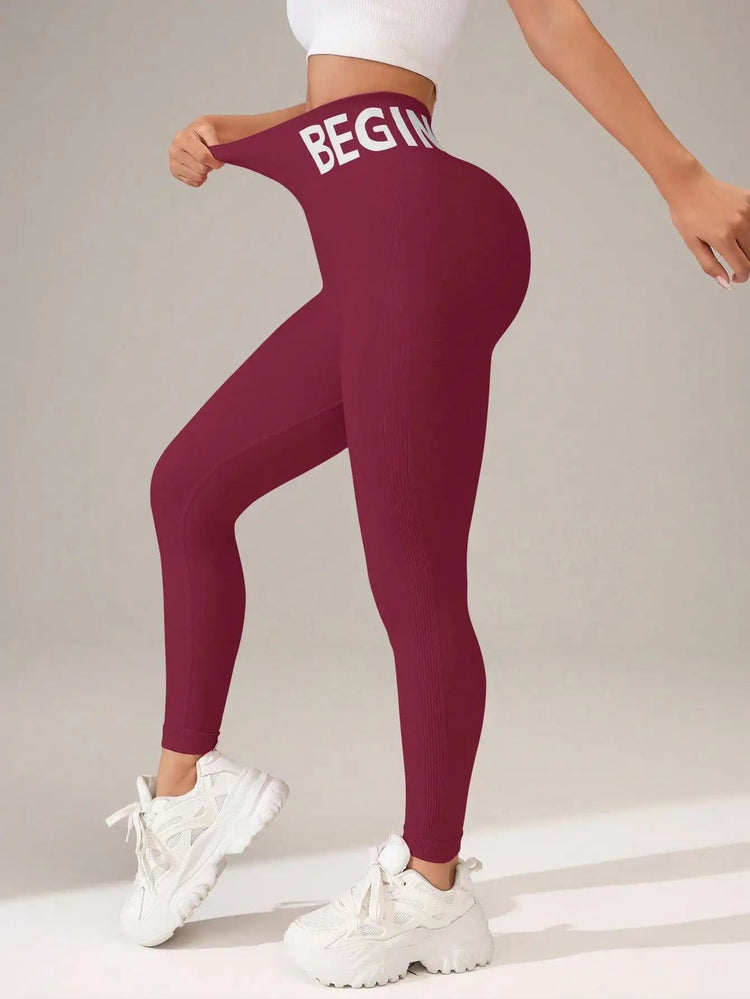 European and American Seamless Yoga Leggings with Waistband Lettering, Butt-Lifting, Quick-Dry Women's Breathable Tights for Pea PlatiNum