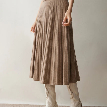 Chic Women's Cashmere Pleated A-line Skirt Autumn Winter 100% Cashmere Knitted Colorful Dots Decoration Elastic Waist Soft Dress PlatiNum