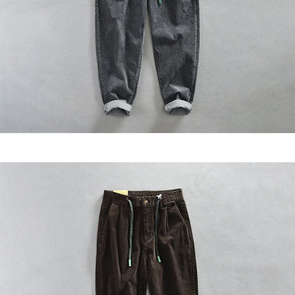 Autumn Winter Classic Cotton Corduroy Casual Mens Pants Comfortable Retro Big Pocket Drawstring Cargo Trousers AZ324