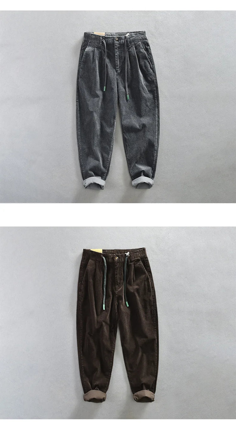 Autumn Winter Classic Cotton Corduroy Casual Mens Pants Comfortable Retro Big Pocket Drawstring Cargo Trousers AZ324