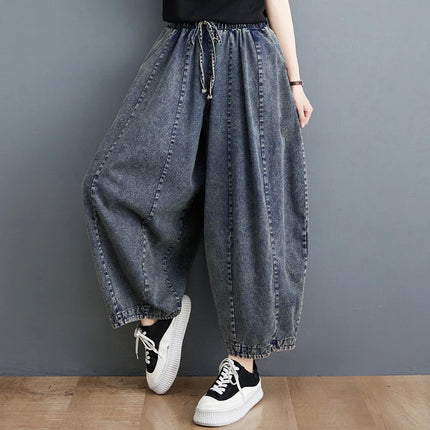 508 primavera estate nuovi Jeans larghi 100kg per le donne coulisse semplice tinta unita nero Vintage cotone femminile lanterna pantaloni in Denim