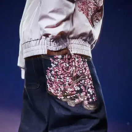 Casual suit retro low waist hip hop cherry blossom embroidered jeans wide leg pants y2k clothing mens embroidered loose jeans PlatiNum