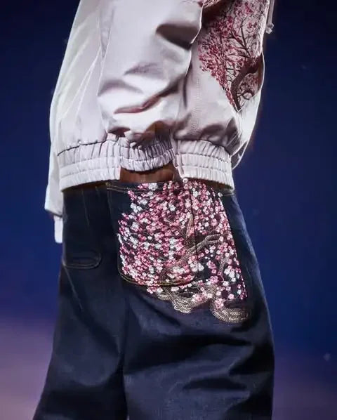 Casual suit retro low waist hip hop cherry blossom embroidered jeans wide leg pants y2k clothing mens embroidered loose jeans PlatiNum