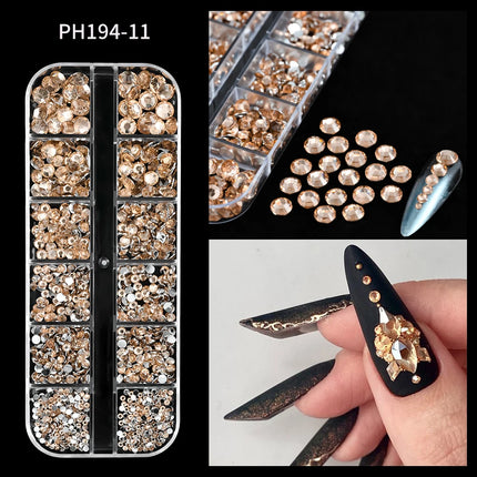 12 Grids Mixed Size Nail Rhinestones SS6 to SS30 Shiny Clear Gold Pink Blue Flat Back Glass Gems for DIY Nail Art Manicure Decoration Supply