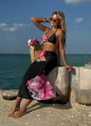 Costume da bagno 3 pezzi con stampa floreale grande con gonna lunga in rete Costume da bagno bikini micro perizoma da donna 2025 Costume da bagno estivo da spiaggia Biquini PlatiNum