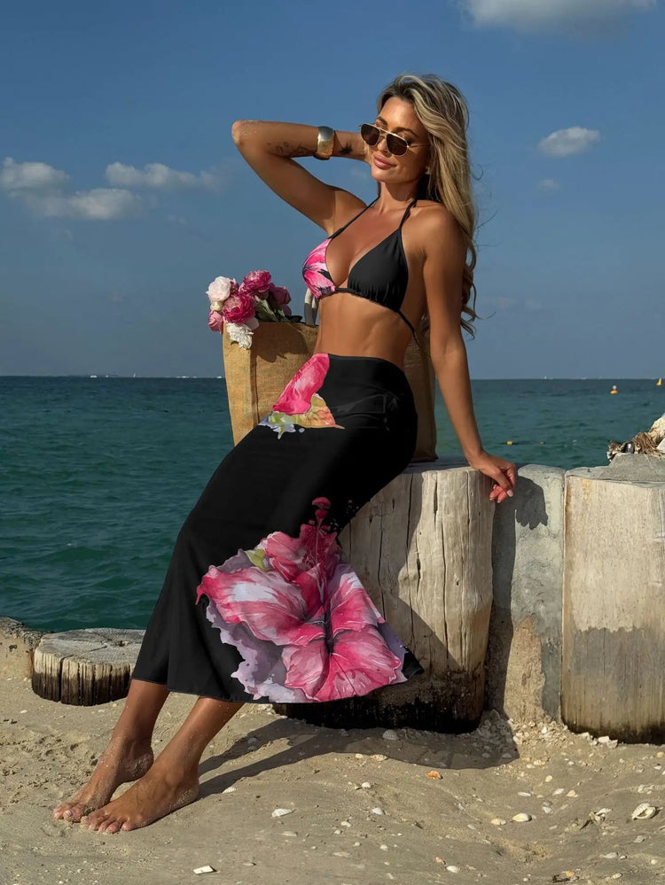 Costume da bagno 3 pezzi con stampa floreale grande con gonna lunga in rete Costume da bagno bikini micro perizoma da donna 2025 Costume da bagno estivo da spiaggia Biquini PlatiNum