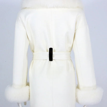 OFTBUY Real Fur Coat Winter Jacket Women Natural Fox Fur Collar Cuffs Belt Cashmere Wool Woolen Ladies Outerwear Streetwear