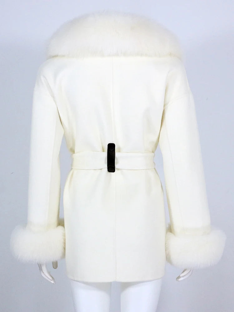 OFTBUY Real Fur Coat Winter Jacket Women Natural Fox Fur Collar Cuffs Belt Cashmere Wool Woolen Ladies Outerwear Streetwear
