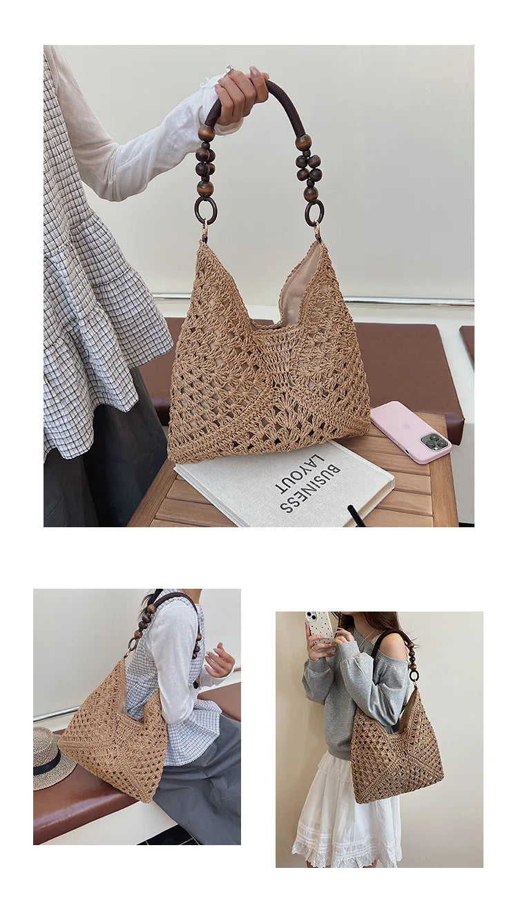 Borsa Tote da Donna in Paglia Intrecciata Grande Capacità, Borsa Estiva da Spiaggia per Vacanze, Borsa a Spalla alla Moda per il Pendolarismo