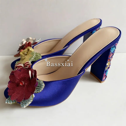 Sandali con tacco alto da donna estivi in seta blu con strass colorati e decorazioni a nodo a farfalla in cristallo per ragazze