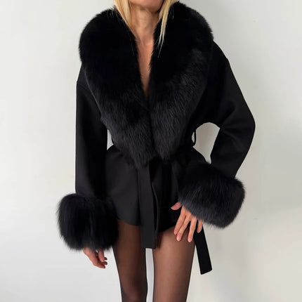 TARUXY Women Luxurious Faux Fox Fur Collar Long Jacket Elegant Solid Long-Sleeved Loose Lace Up Street Warm Coat 2026 Winter New