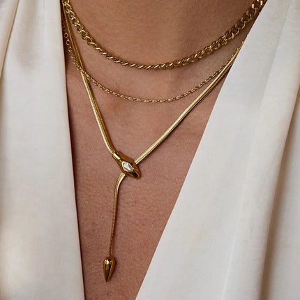 Uworld Simple Classic Zircon Serpentine Necklace 18K Gold Color Plated Stainless Steel Serpentine Chain Stackable Chain Women's PlatiNum