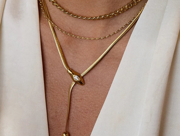 Uworld Simple Classic Zircon Serpentine Necklace 18K Gold Color Plated Stainless Steel Serpentine Chain Stackable Chain Women's PlatiNum