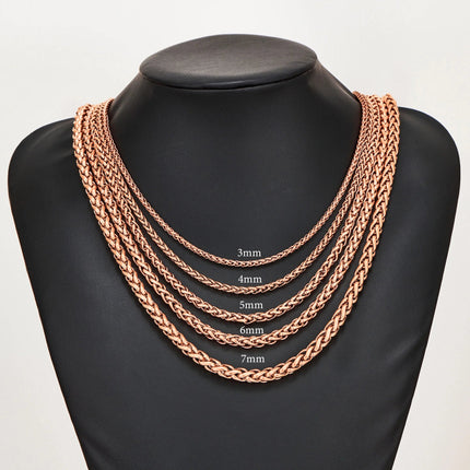 3mm/4mm/5mm/6mm/7mm Rose Gold Color Stainless Steel Wheat Braided Necklace Link Classic Curb Chain for Men Women Jewelry PlatiNum