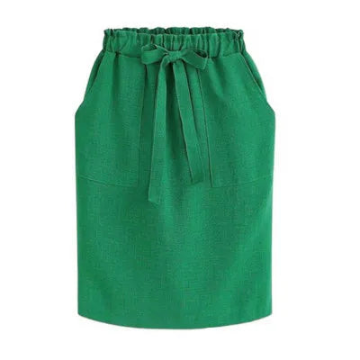 Elegante Gonna Midi Verde in Cotone da Donna, Stile Matita per Ufficio, Vita Elastica con Dettaglio Fiocco, Primavera Estate 2026