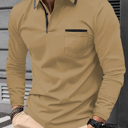 New men's long-sleeve polo shirt, casual sporty style, with lapel collar and decorative buttons, cross-border model.