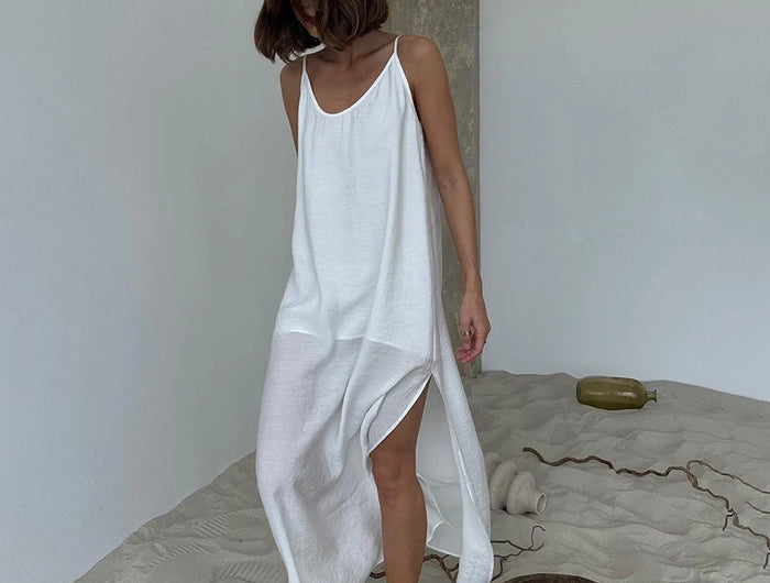 HiLoc Abito lungo bianco allentato casual Robe 2025 Nuovi abiti estivi con scollo a V per le donne Primavera senza maniche Vestaglie dritte Camicia da notte