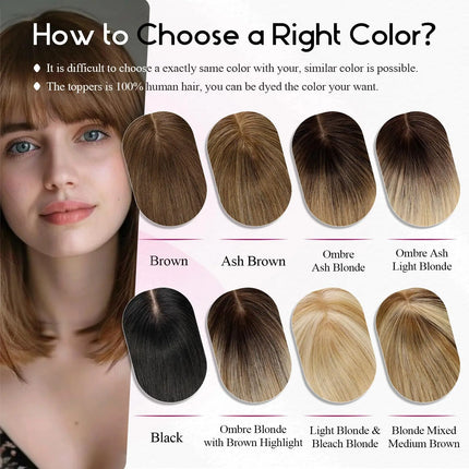 Ombre Light Blonde Real Human Hair Toppers with Swiss Lace Base Hair 3D Air Bangs 10inch Human Hair Topper for Women Hair Loss