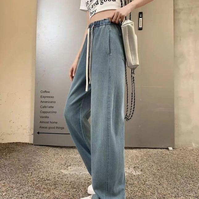 Jeans lavati curvi di seta pantaloni estivi in Denim a gamba larga larghi a vita alta da donna