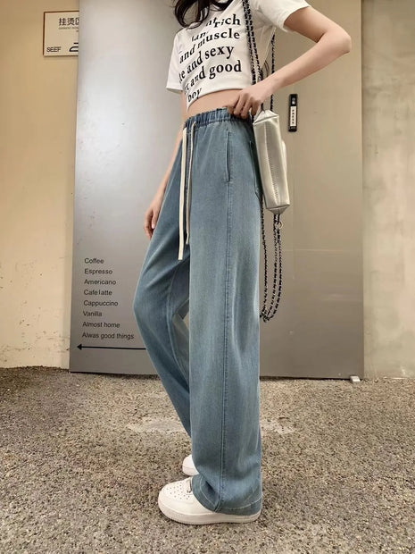 Jeans lavati curvi di seta pantaloni estivi in Denim a gamba larga larghi a vita alta da donna
