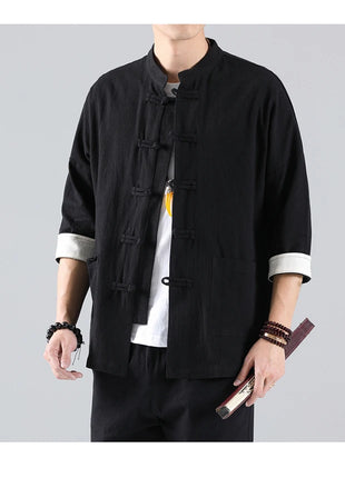 Camicie in Stile Cinese per Uomo, Top Tradizionale Tang in Lino a Mezza Manica, Camicia Kung Fu Hanfu Vintage Casual, Taglie Grandi fino a 5XL