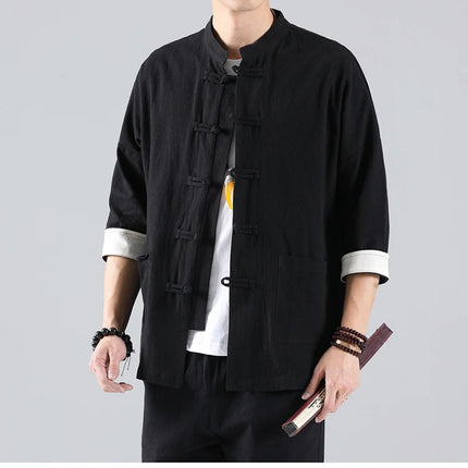Camicie in Stile Cinese per Uomo, Top Tradizionale Tang in Lino a Mezza Manica, Camicia Kung Fu Hanfu Vintage Casual, Taglie Grandi fino a 5XL