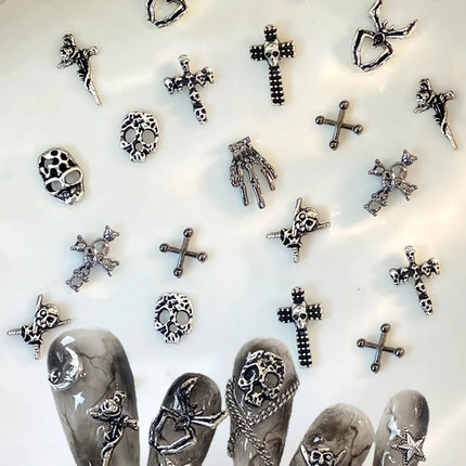 50pcs Mix Design Skull Cross Spider Nail Charms 3D Silver Bone Cross Halloween DIY Nail Art Decoration