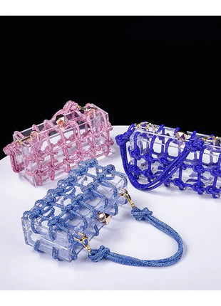 Classic 2025 Acrylic Box Bag with Woven Diamond Rope Handheld Evening Women's Bag Transparent Dinner Handbag European Style PlatiNum