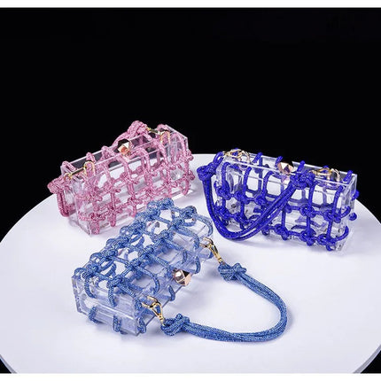 Classic 2025 Acrylic Box Bag with Woven Diamond Rope Handheld Evening Women's Bag Transparent Dinner Handbag European Style PlatiNum