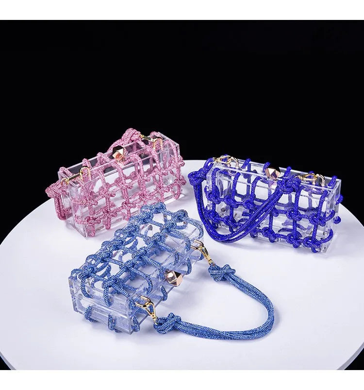 Classic 2025 Acrylic Box Bag with Woven Diamond Rope Handheld Evening Women's Bag Transparent Dinner Handbag European Style PlatiNum