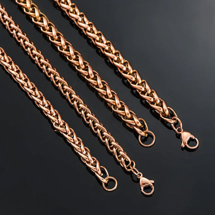 3mm/4mm/5mm/6mm/7mm Rose Gold Color Stainless Steel Wheat Braided Necklace Link Classic Curb Chain for Men Women Jewelry PlatiNum