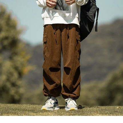 2025 autumn and winter new retro brown corduroy multi pocket workwear pants for men, loose drawstring elastic waist pants