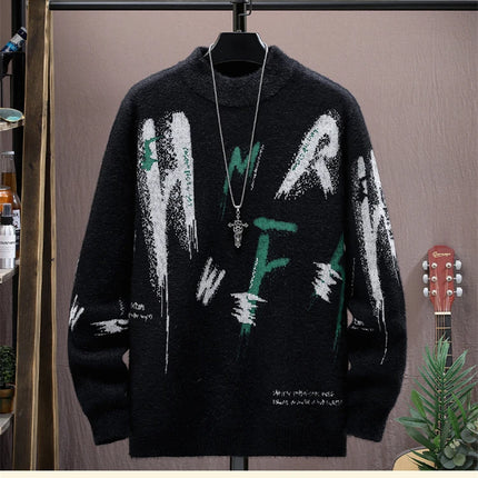 Winter Plaid Mink Cashmere Sweater Men Half Turtleneck Mens Sweaters Top Quality Pull Homme Thick Warm Pullover Men