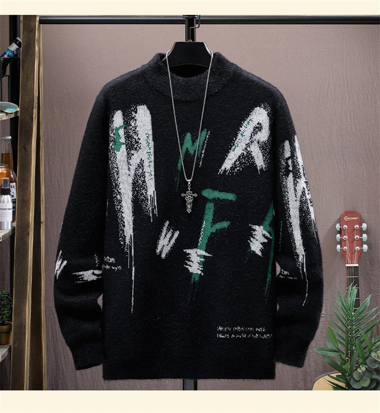Winter Plaid Mink Cashmere Sweater Men Half Turtleneck Mens Sweaters Top Quality Pull Homme Thick Warm Pullover Men