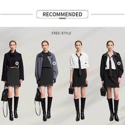 AMII Minimalist Mini Skirt 2025 Winter New Short Wool Warm Skirts For Women Patchwork Lace Casual Solid Clothing Ladies 12544125 PlatiNum