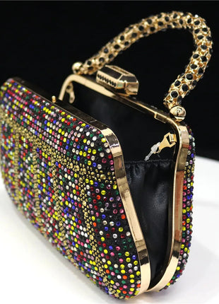 Popular In Nigeria Exquisite Evening Bags With Diamond Design Fashion Handle Clutch Rhinestone Embellished Long Chain Bag PlatiNum