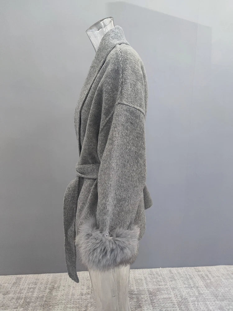 Elegant OL Office Lady Overcoats Fur Patchwork Long Sleeve Woolen Coat Beautiful Women's Clothing Jacket Autumn 2025 Spring