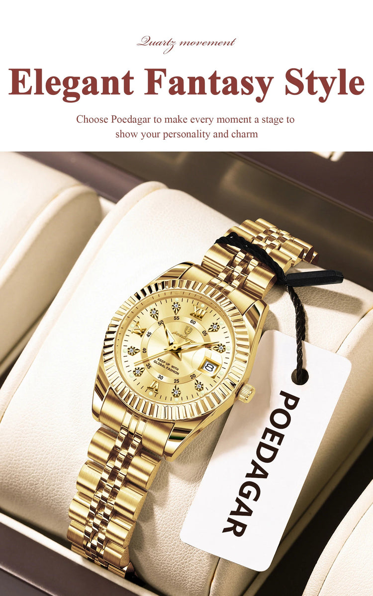 POEDAGAR Orologio da polso da donna alla moda Impermeabile Data luminosa Orologi da donna eleganti Orologio al quarzo in acciaio inossidabile per donna Reloj platinumshop