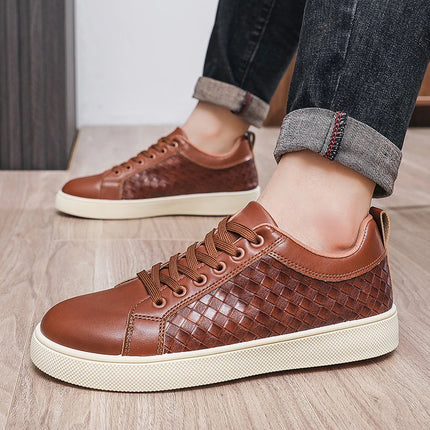 Men Low Top Leather Casual Shoes Lace-up Fashion Sneakers Black Embossed Plaid Upper Non Slip Flat Daily Wear Board Footwear