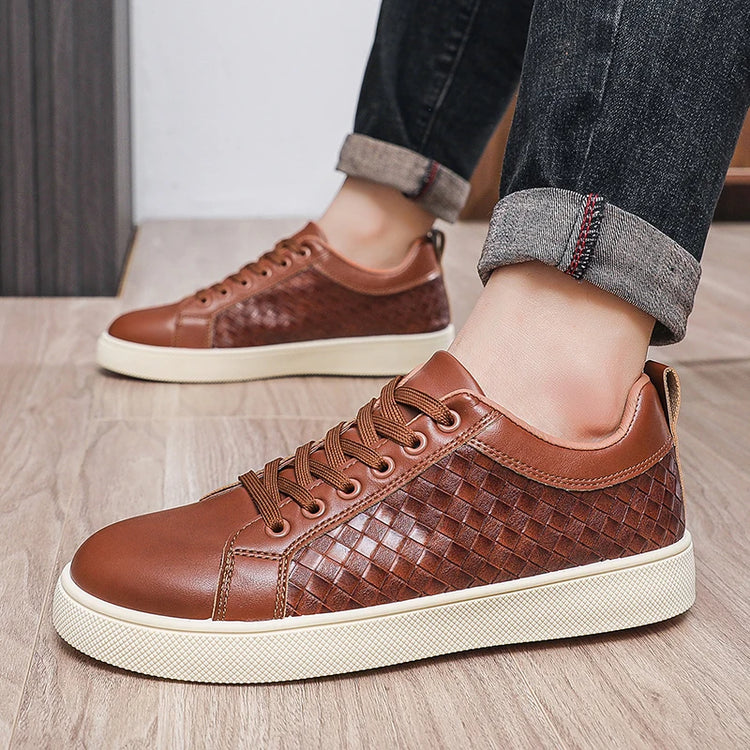 Men Low Top Leather Casual Shoes Lace-up Fashion Sneakers Black Embossed Plaid Upper Non Slip Flat Daily Wear Board Footwear