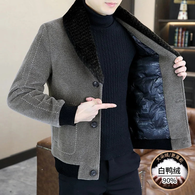 Casual Winter Men's Slim White Duck Down Jackets Warm Short Fur Collar Puffer Woolen Coat Outwear Thicken Windproof Top Clothing