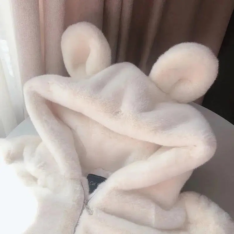 Cosy Loose Faux Fur Coat Womens Faux Fur Fuzzy Hooded Fluffy Ears Surcoat Overcoat Woman Winter Warm Outerwear Snowy Day Wrap