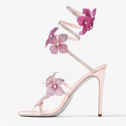 Eilyken Sexy CRYSTAL Flower Thin High Heels Women Sandals Street Style Narrow Band Ankle Strap Pole Dancing Ladies Shoes PlatiNum