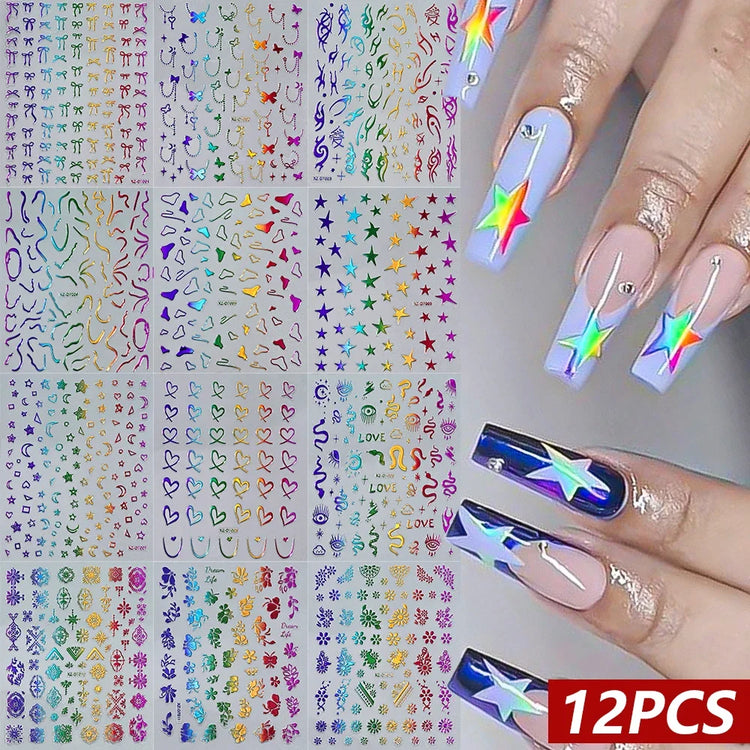 12Pcs 3D Rainbow Bowknot Star Geometry Lines Nail Stickers Love/Frame/Flower Self-Adhesive Nails Sliders 8*10cm Manicure Decals