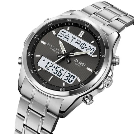 Skmei orologio da polso analogico al quarzo da uomo cinturino in acciaio inossidabile di lusso Led impermeabile digitale sportivo sveglia a tre fusi orari platinumshop