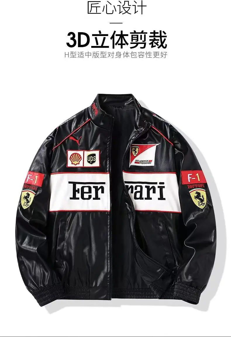 Giacca calda Ferrari F1 da uomo, look retrò motociclistico.