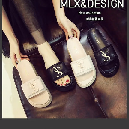 2025 Summer New Women's Fashion Letter Designer Sandals Casual Thick Bottom Round Toe Leather Beach Shoes Женские Сандалии PlatiNum